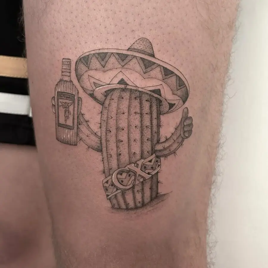 Playful cactus tattoo featuring Mexican culture