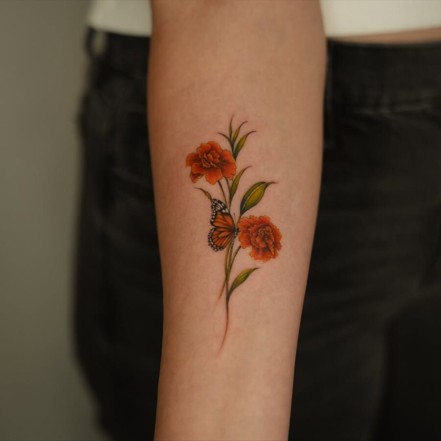 Vibrant Carnation Tattoo with Butterfly