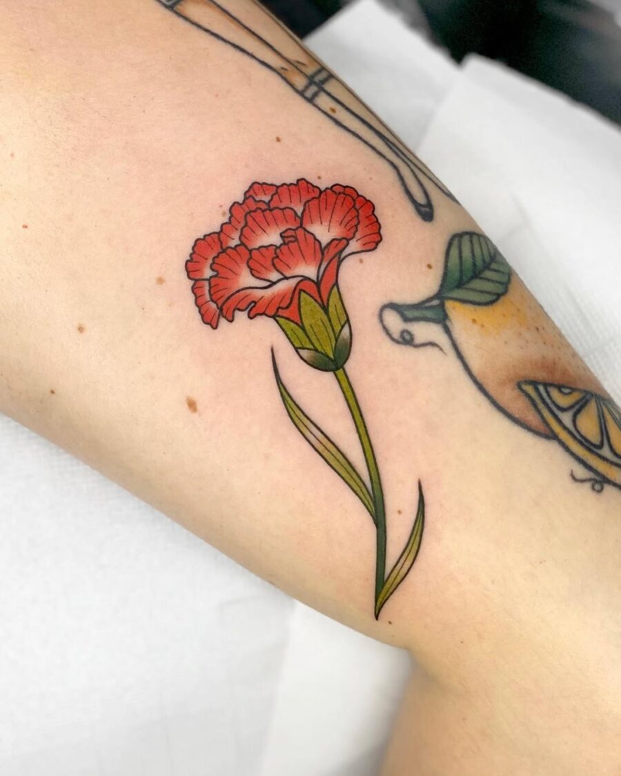 Beautiful vibrant carnation tattoo on the arm