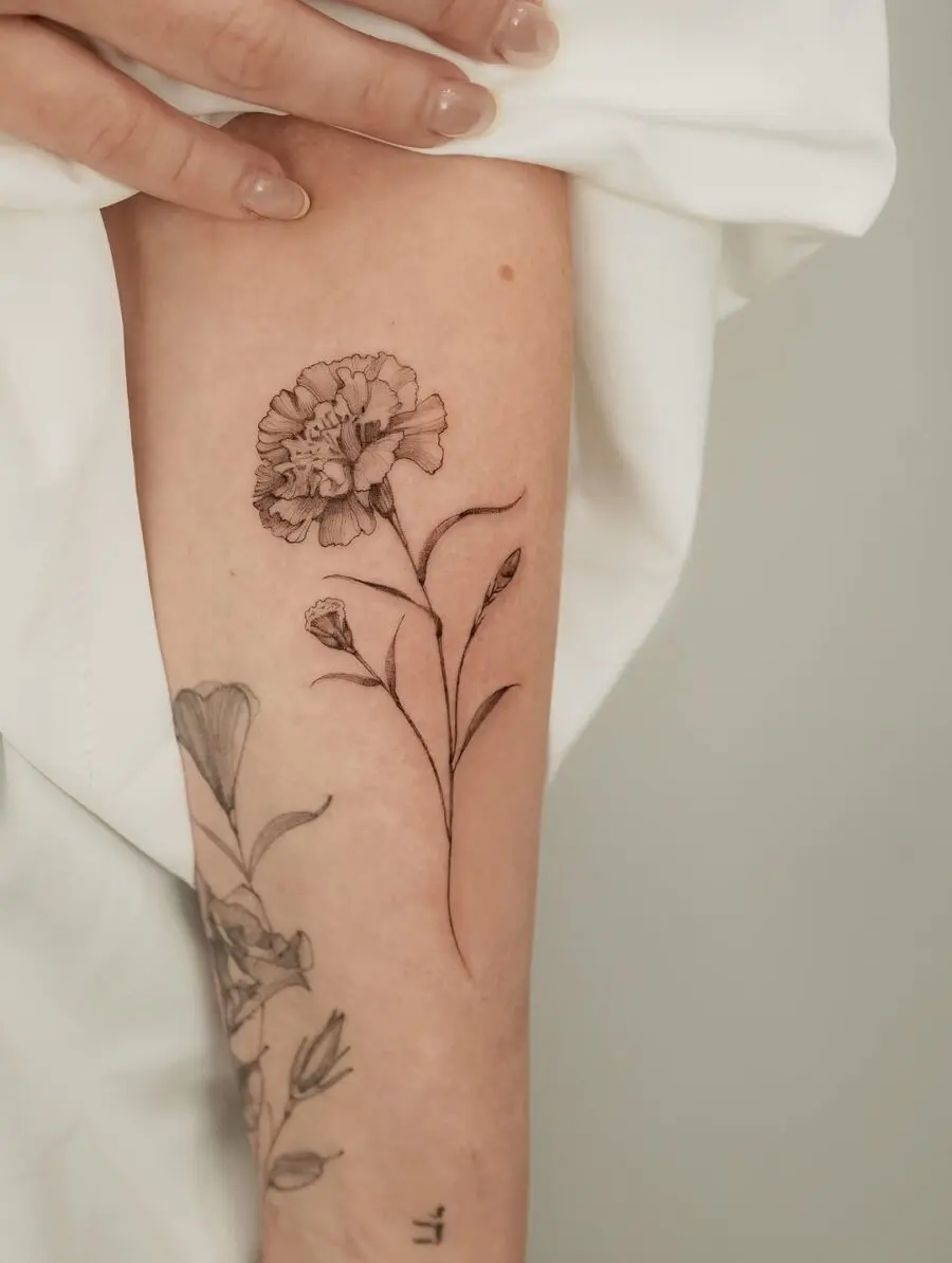 Elegant fine line carnation tattoo on the arm