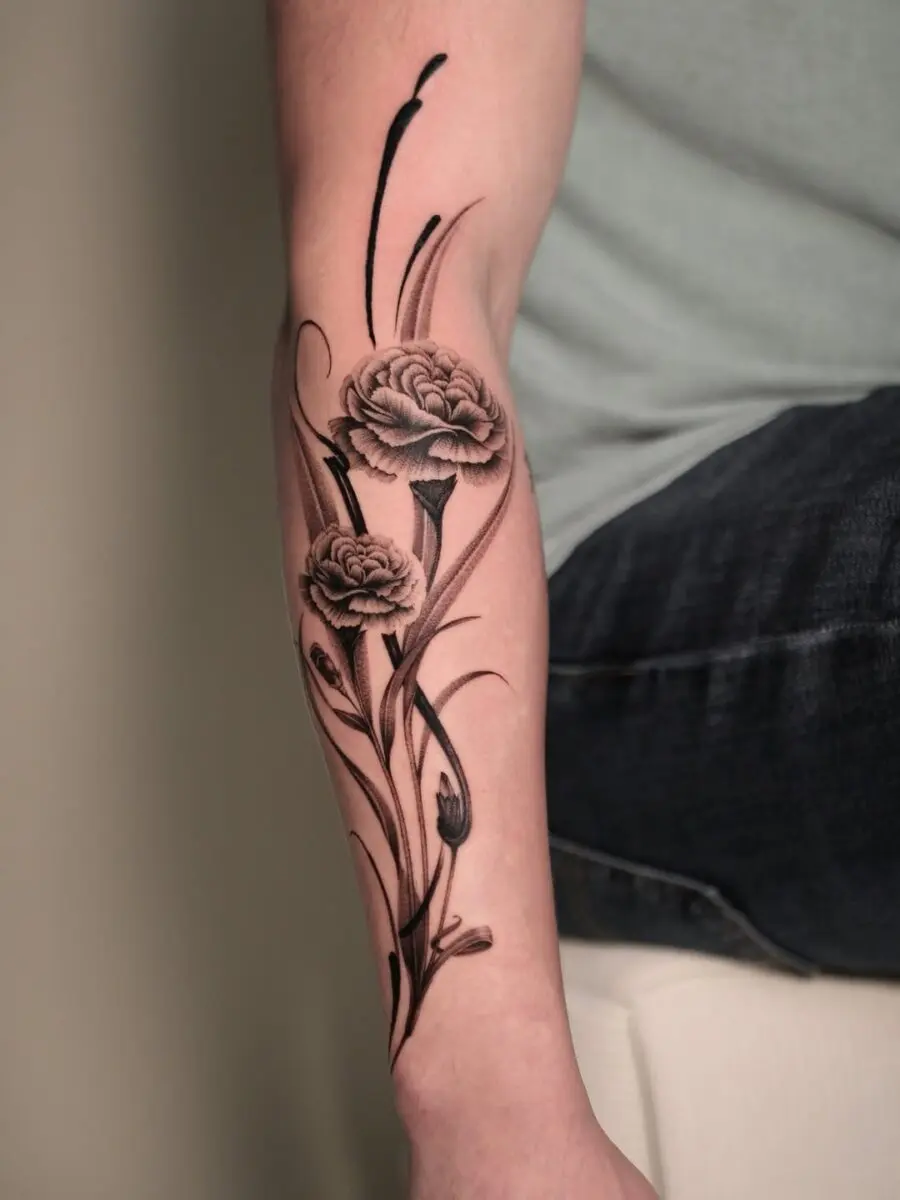 Elaborate black ink carnation tattoo design