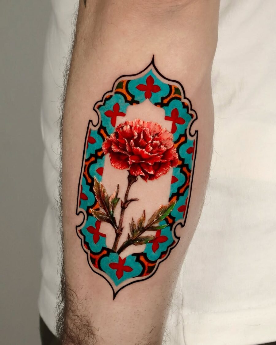 Vibrant carnation surrounded by intricate patterns