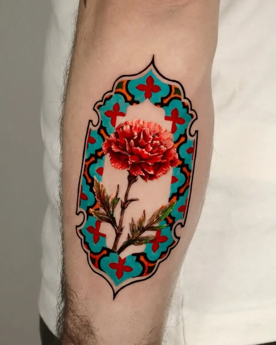 Vibrant carnation surrounded by intricate patterns