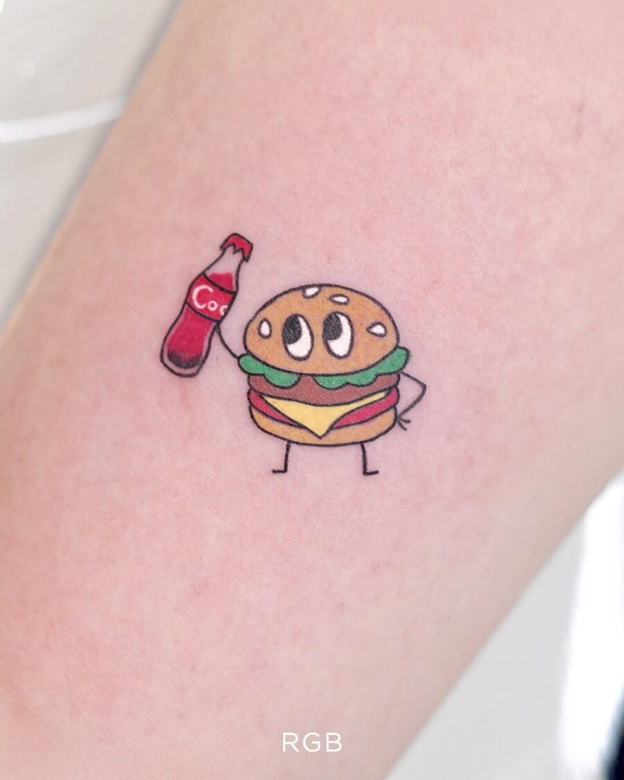 Fun cartoon burger tattoo vibes