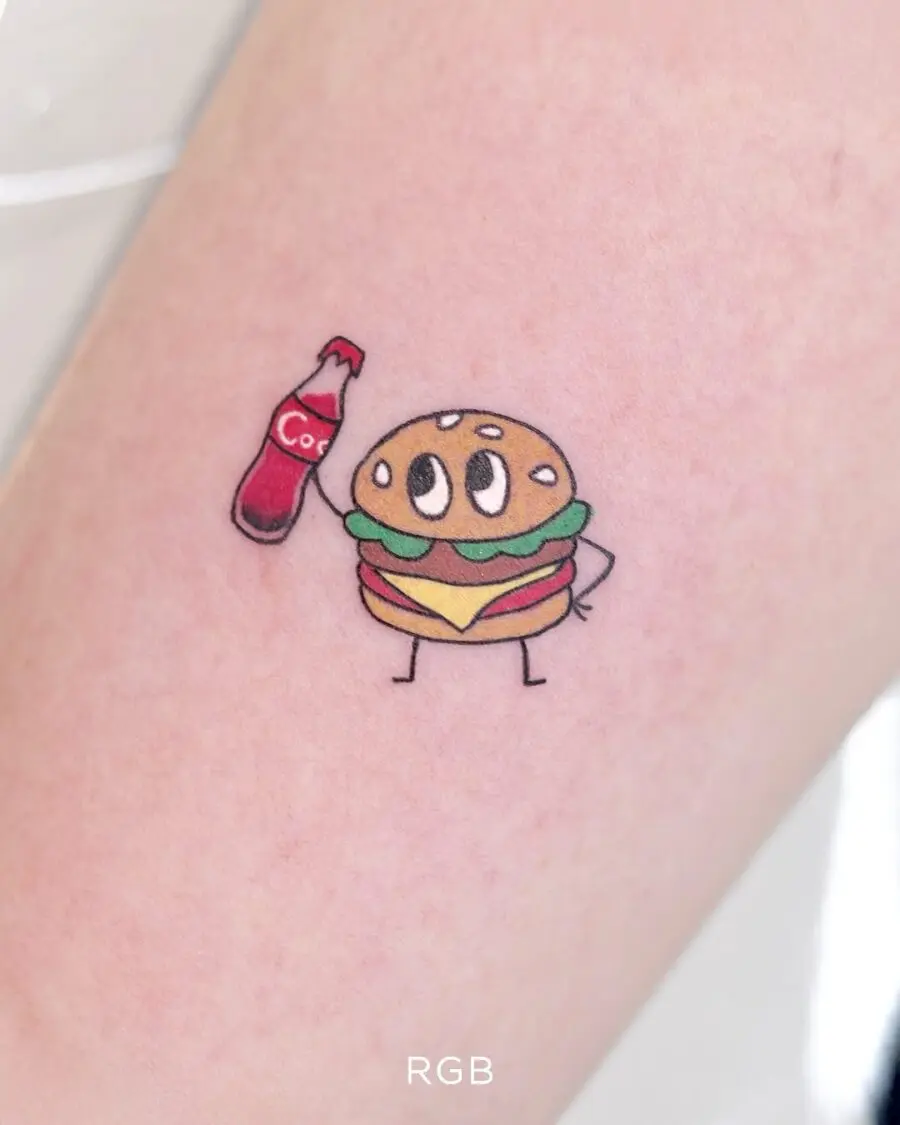 Fun cartoon burger tattoo vibes