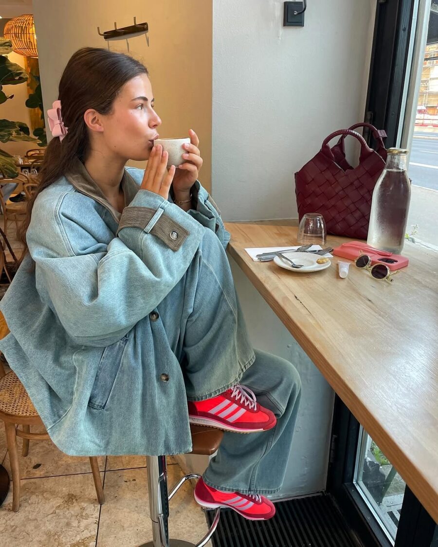 Chic casual denim jacket coffee shop vibe
