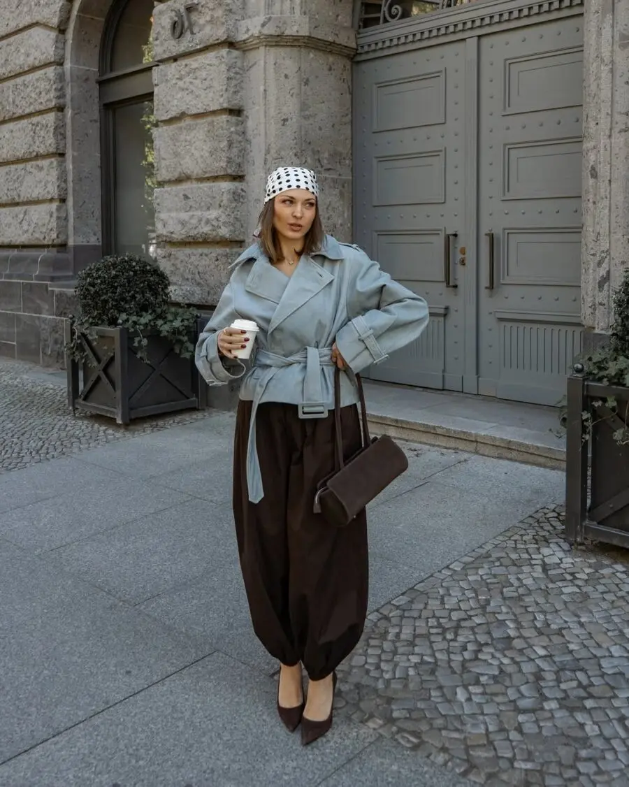 Stylish brown pants with chic layered tops
