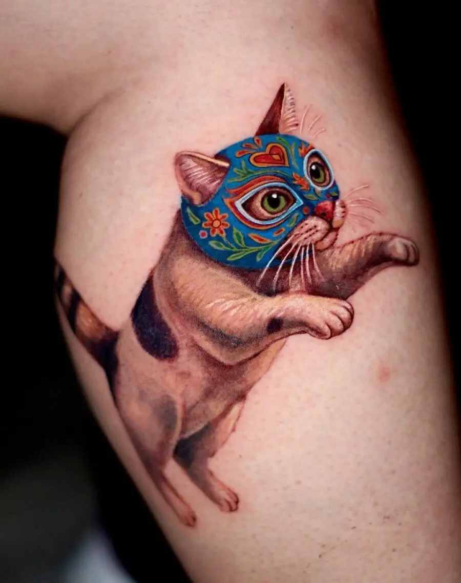 Vivid Luchador Cat Tattoo with Blue Mask