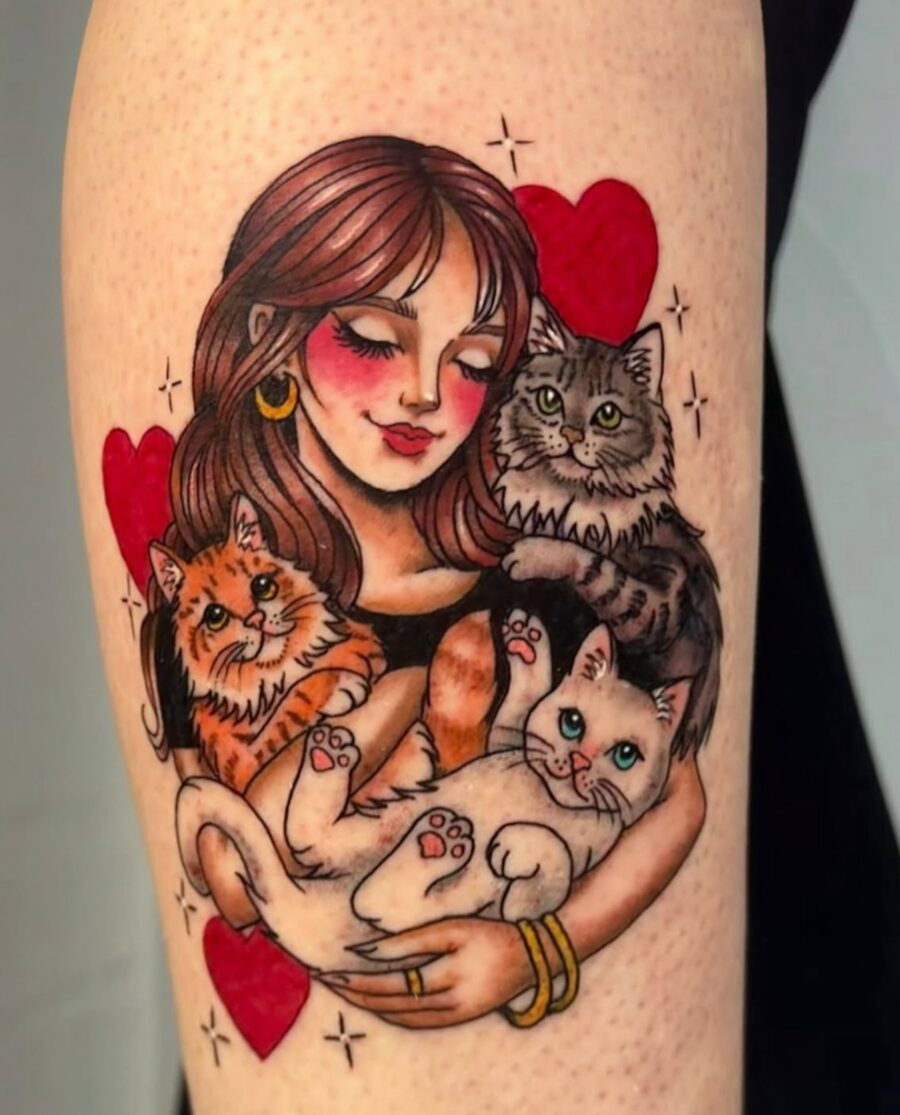Whimsical tattoo of a cat lover