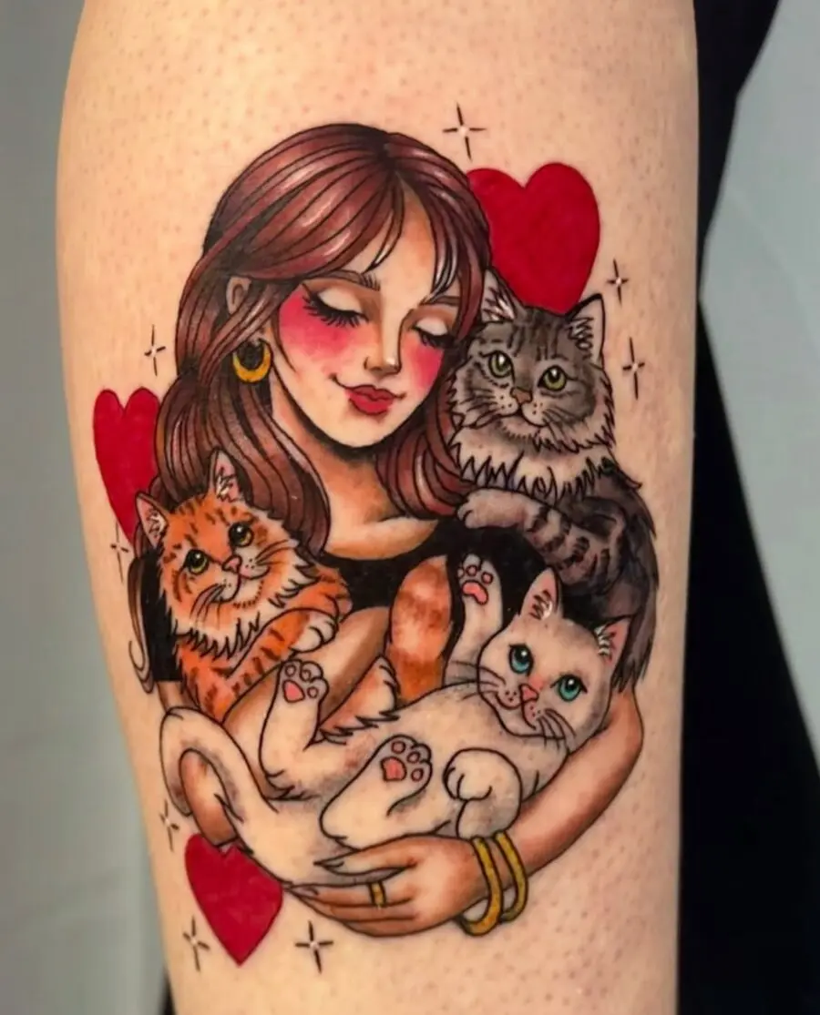 Whimsical tattoo of a cat lover