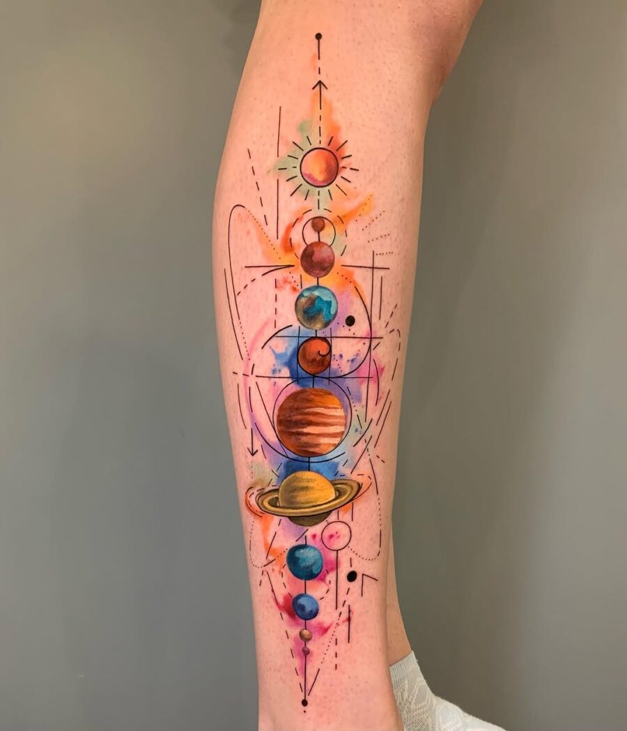 Vibrant celestial tattoo showcasing the solar system