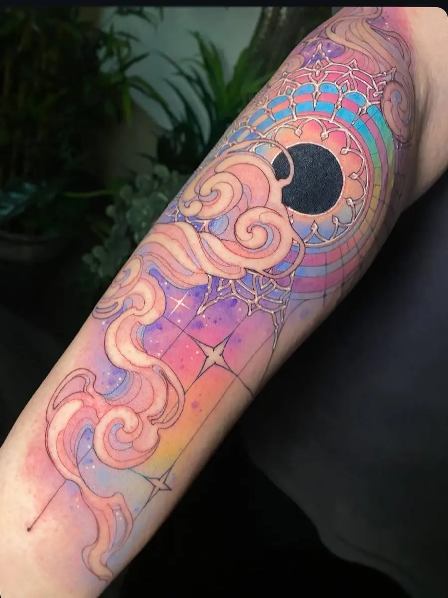 Vibrant celestial tattoo sleeve design