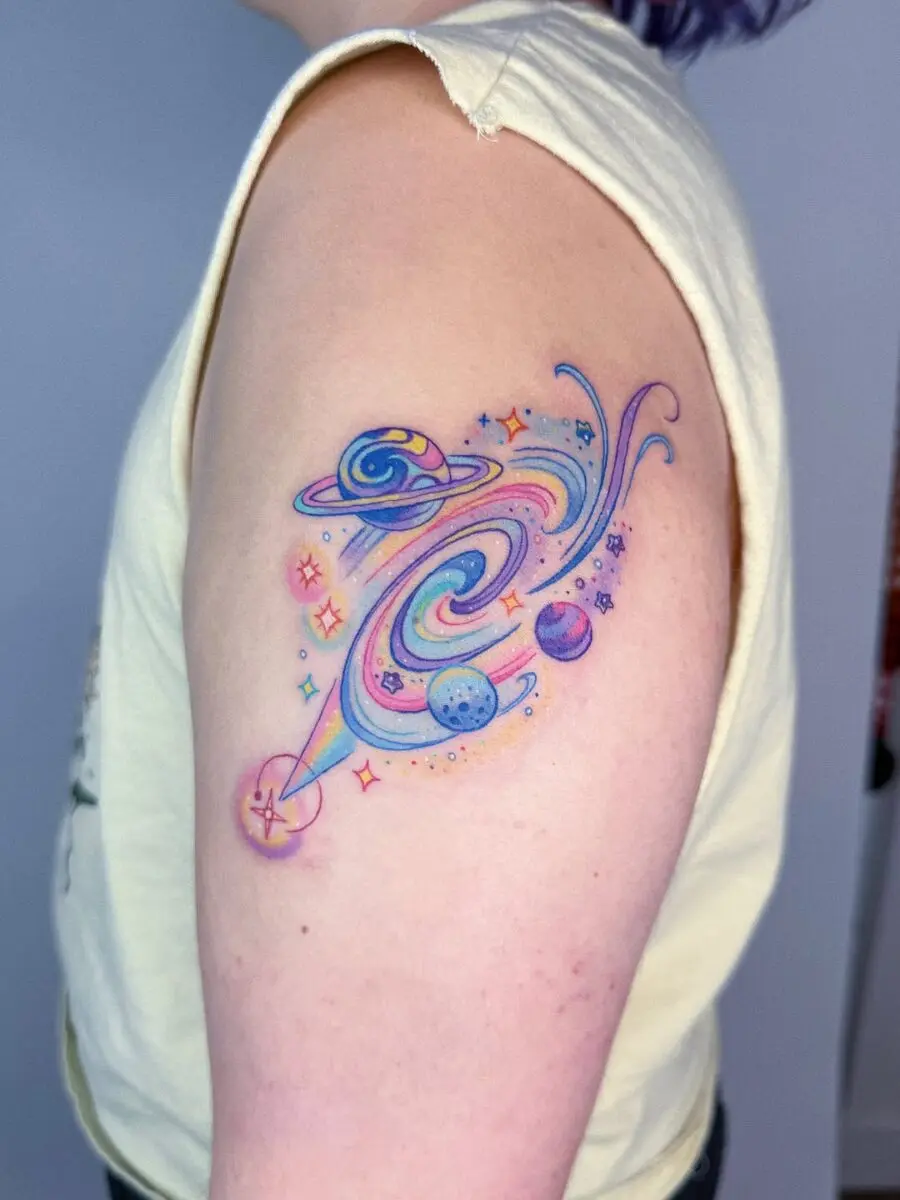 Colorful celestial tattoo with swirls and stars