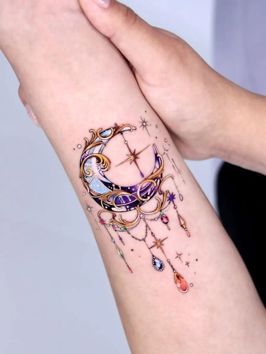 Whimsical moon and star tattoo design