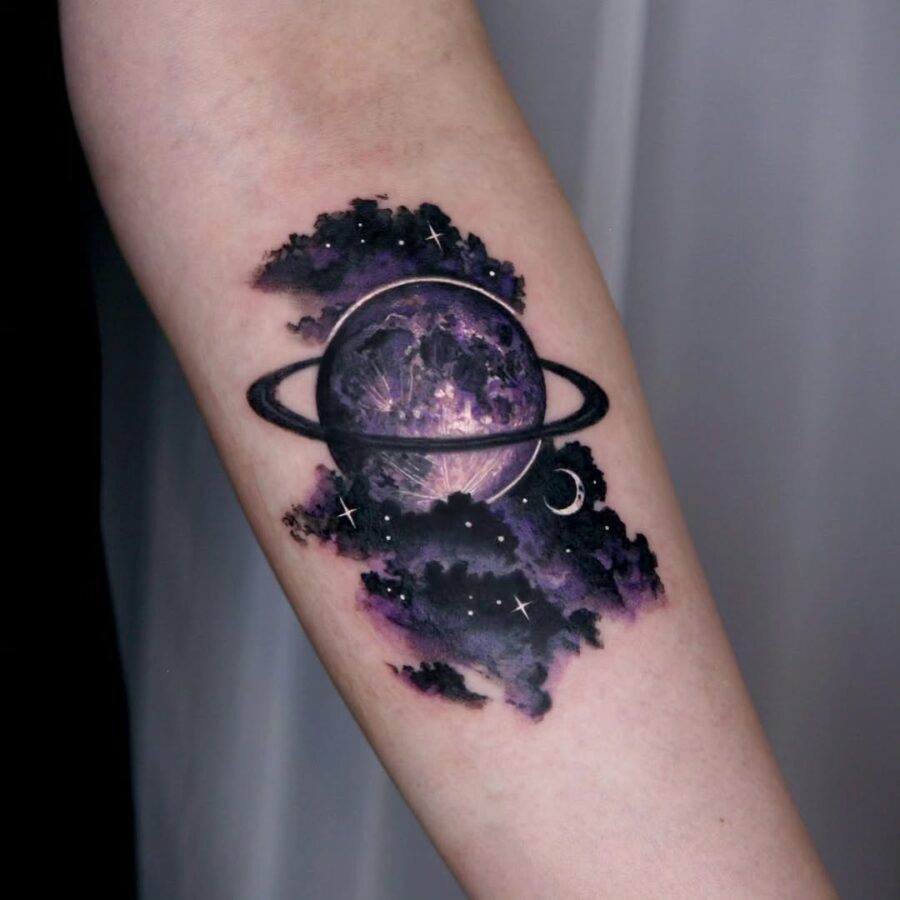 Stunning Saturn Tattoo with Celestial Background