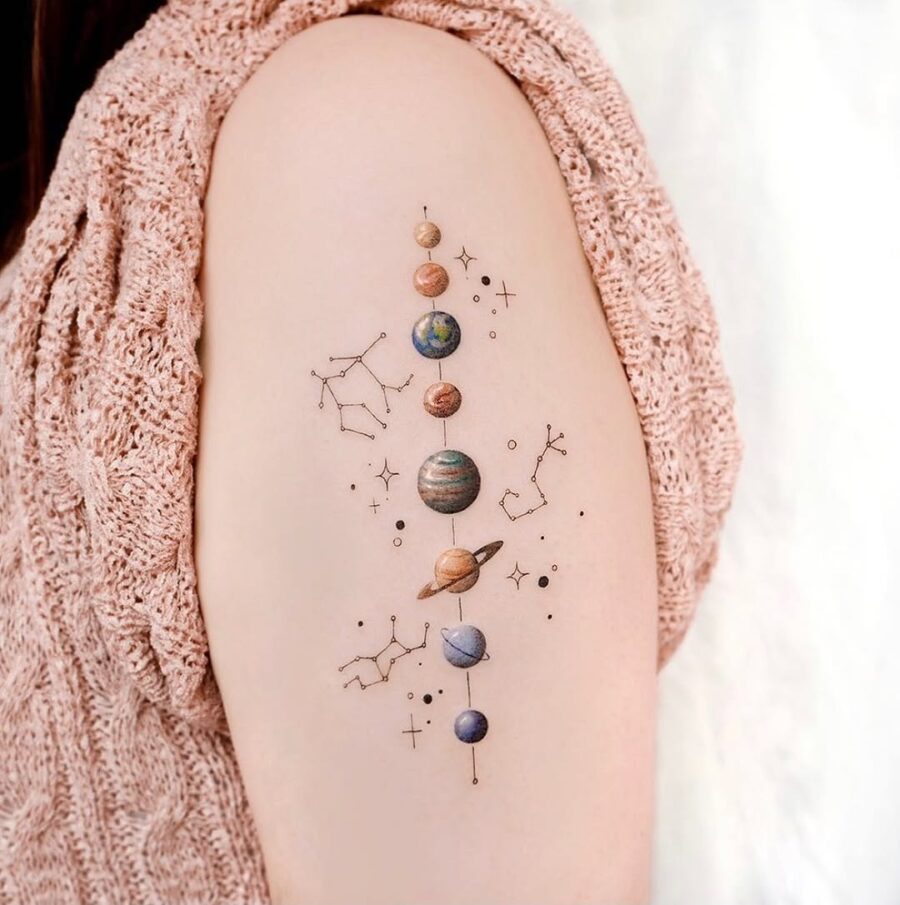 Intricate celestial tattoo showcasing planetary alignment