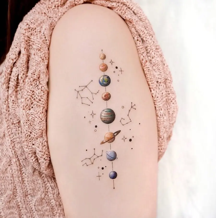Intricate celestial tattoo showcasing planetary alignment