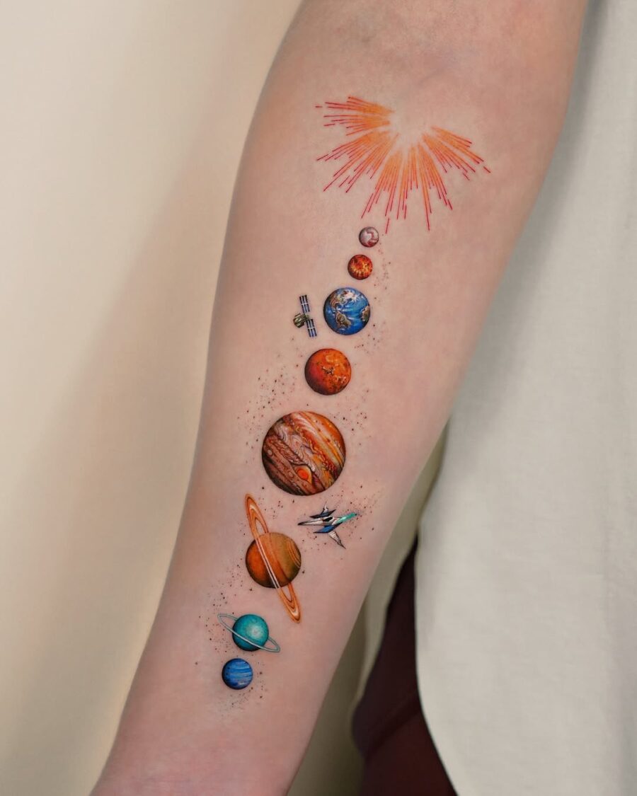 Vibrant celestial tattoo celebrating space and planets
