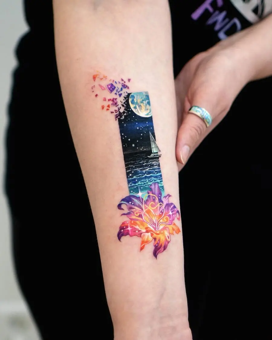 A stunning celestial scene tattoo with vibrant colors