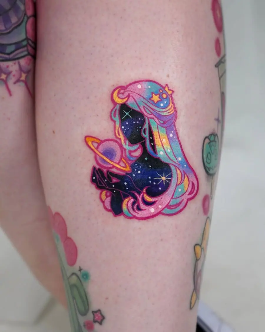 Whimsical celestial tattoo depicting cosmic wonder