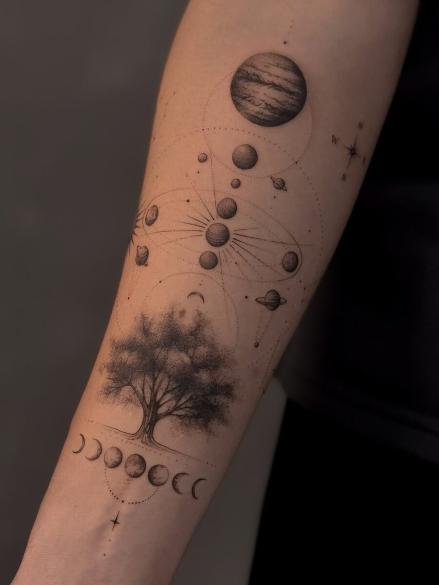 Intricate celestial tattoo blending nature and cosmos