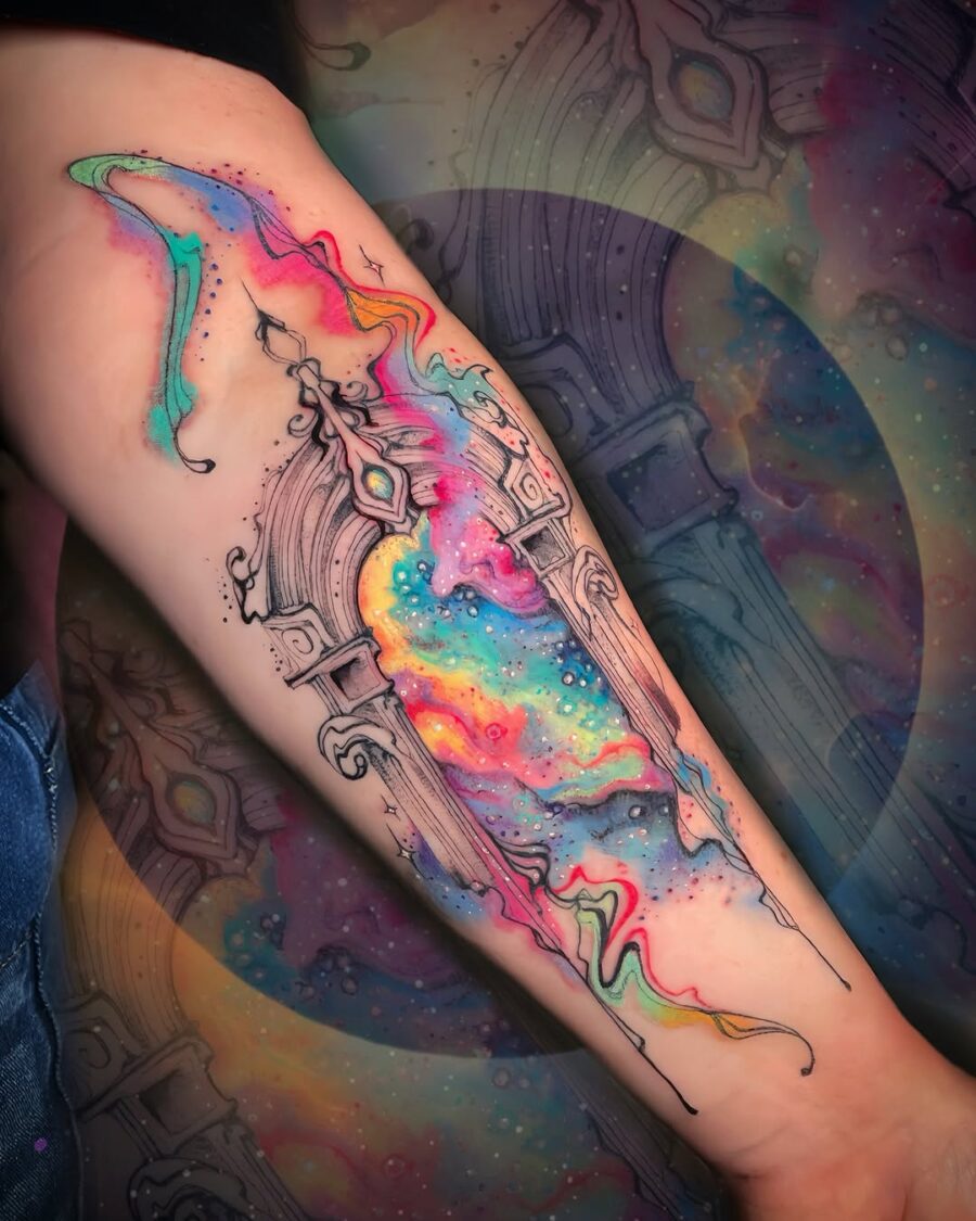 Vibrant Cosmic Doorway Tattoo Design