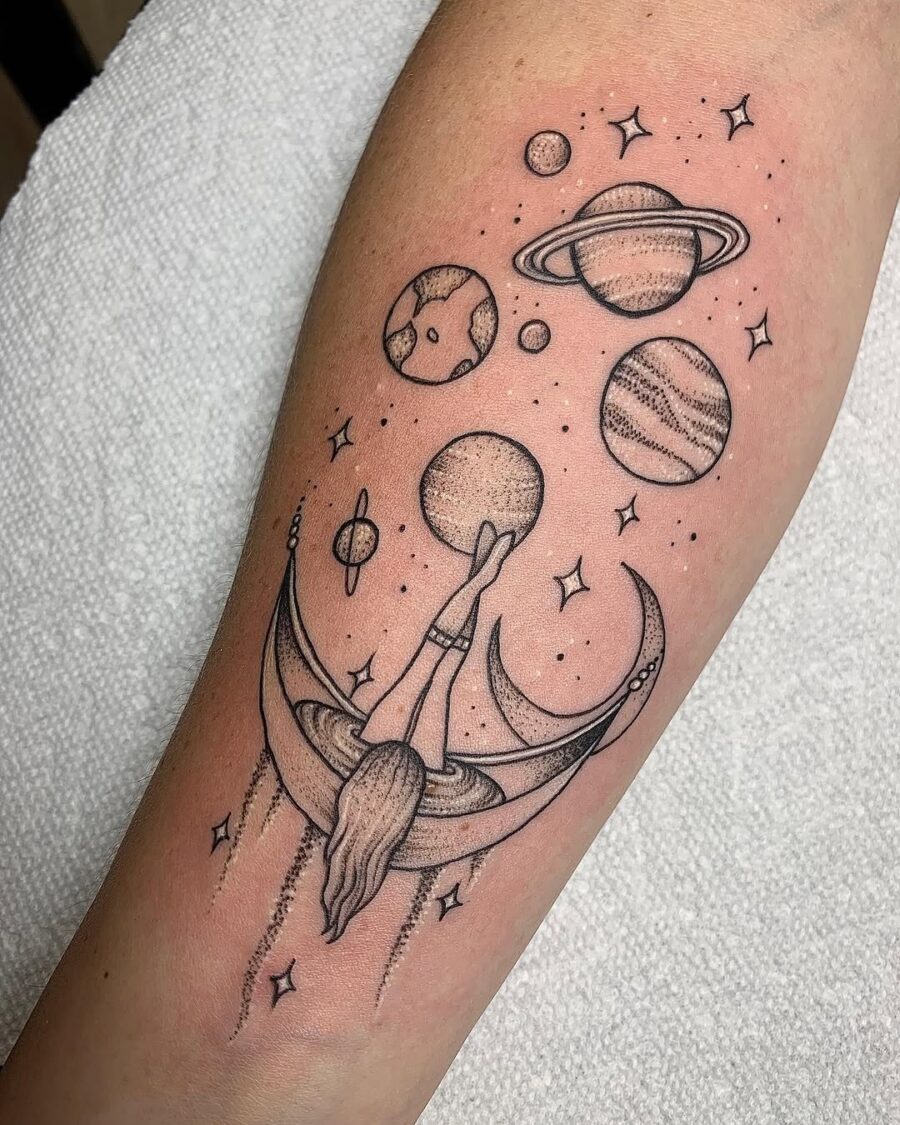 Enchanting celestial tattoo with dreamy cosmic elements