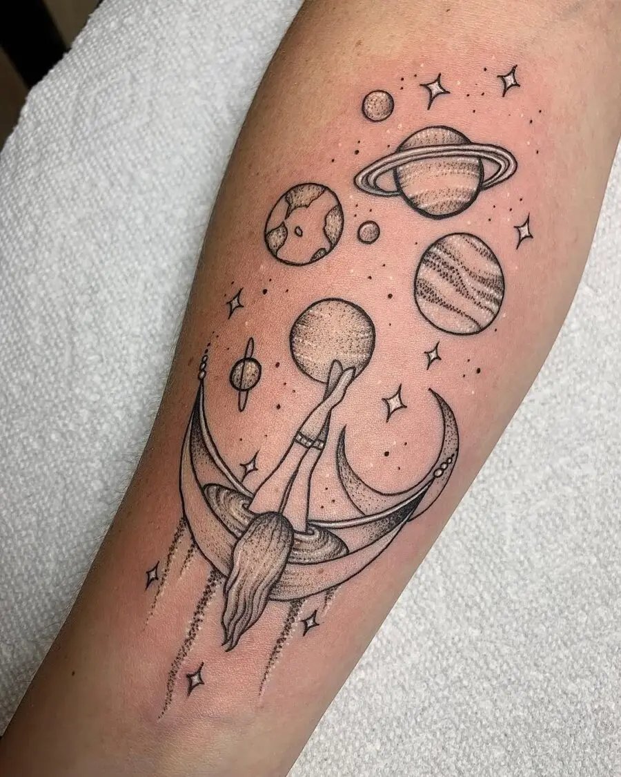 Enchanting celestial tattoo with dreamy cosmic elements