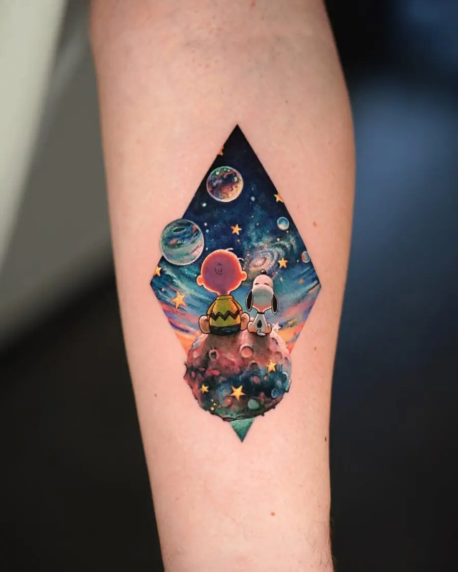 Whimsical cosmic adventure with Charlie Brown and Snoopy