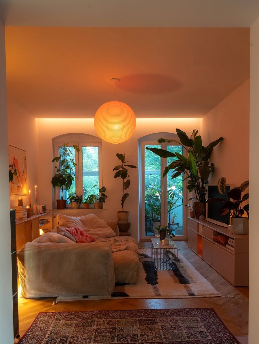 Stylish, warm living space with greenery