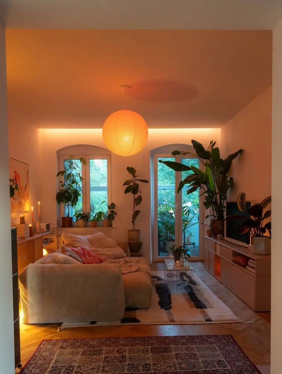 Stylish, warm living space with greenery