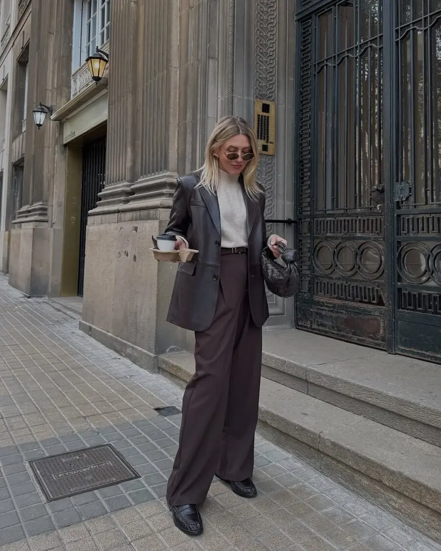 Stylish street look with brown pants and blazer