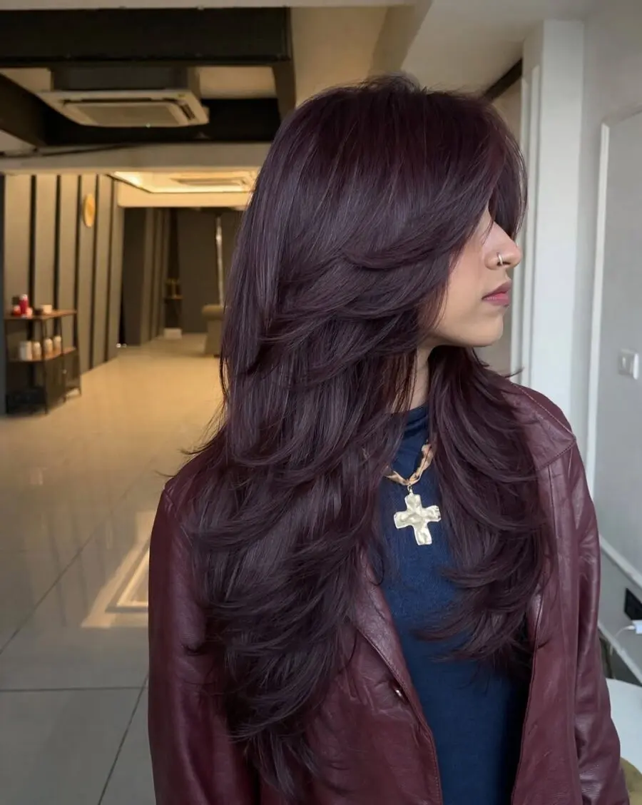 Long Chocolate Cherry Hair with Layered Elegance