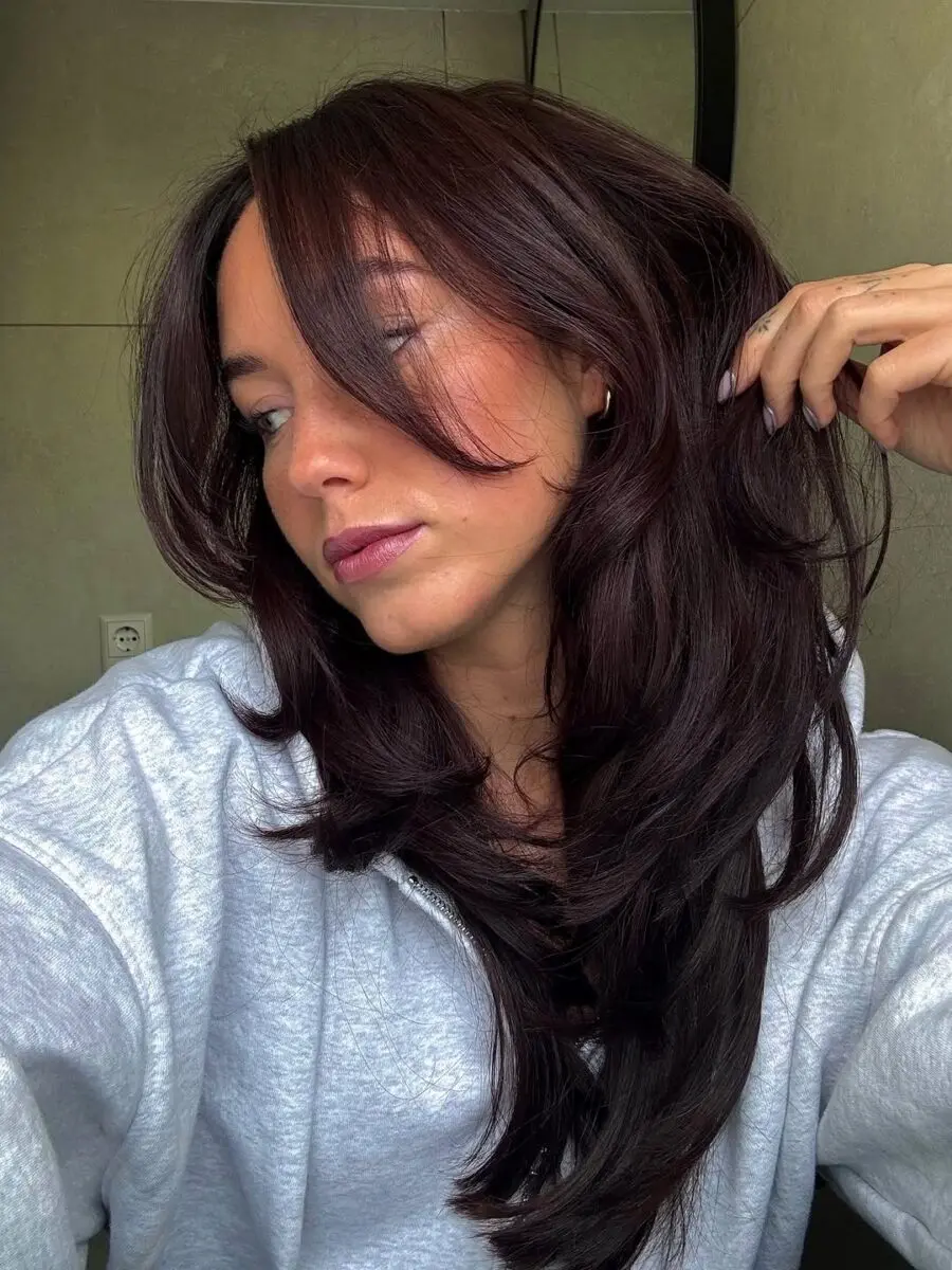 Stylish Long Layers in Chocolate Cherry Hair