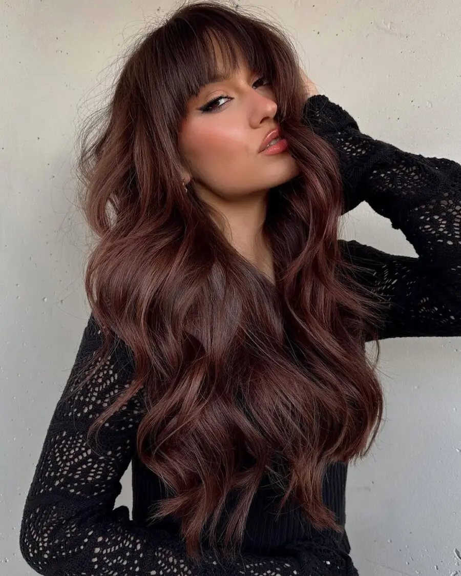 Gorgeous long chocolate cherry waves with bangs