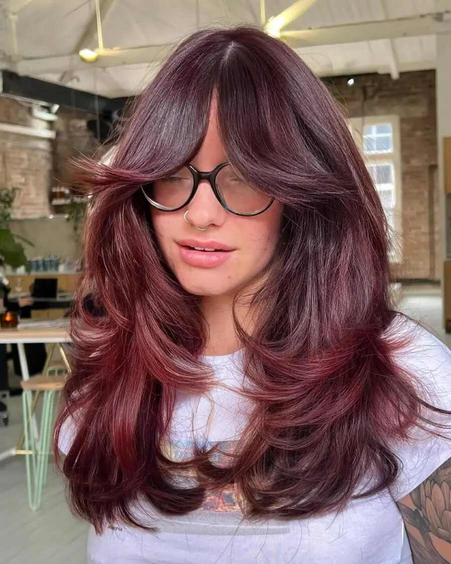 Stylish chocolate cherry waves with bangs