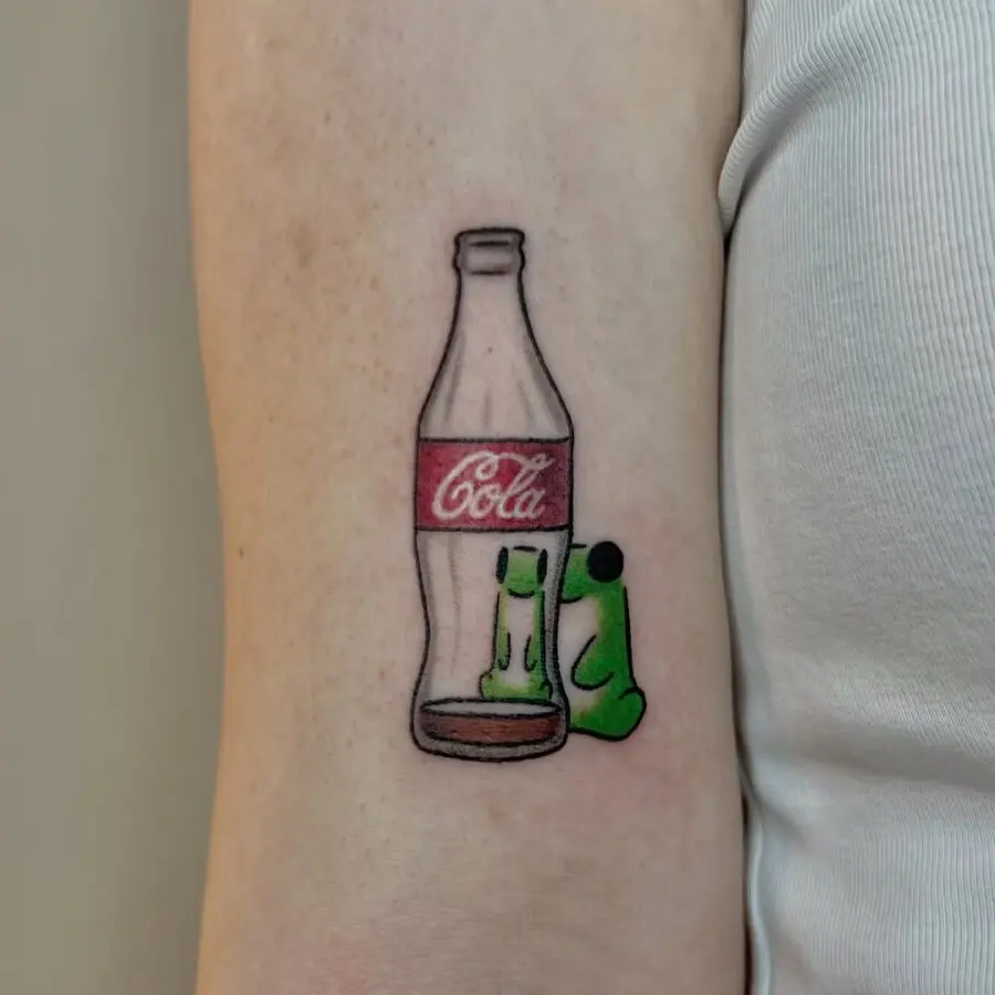 Whimsical Coca-Cola and Frog Tattoo Design