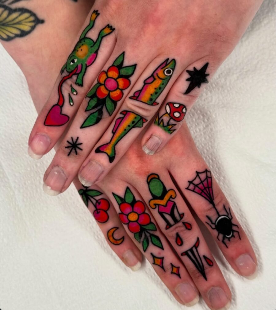 Vibrant Americana tattoos on colorful hands