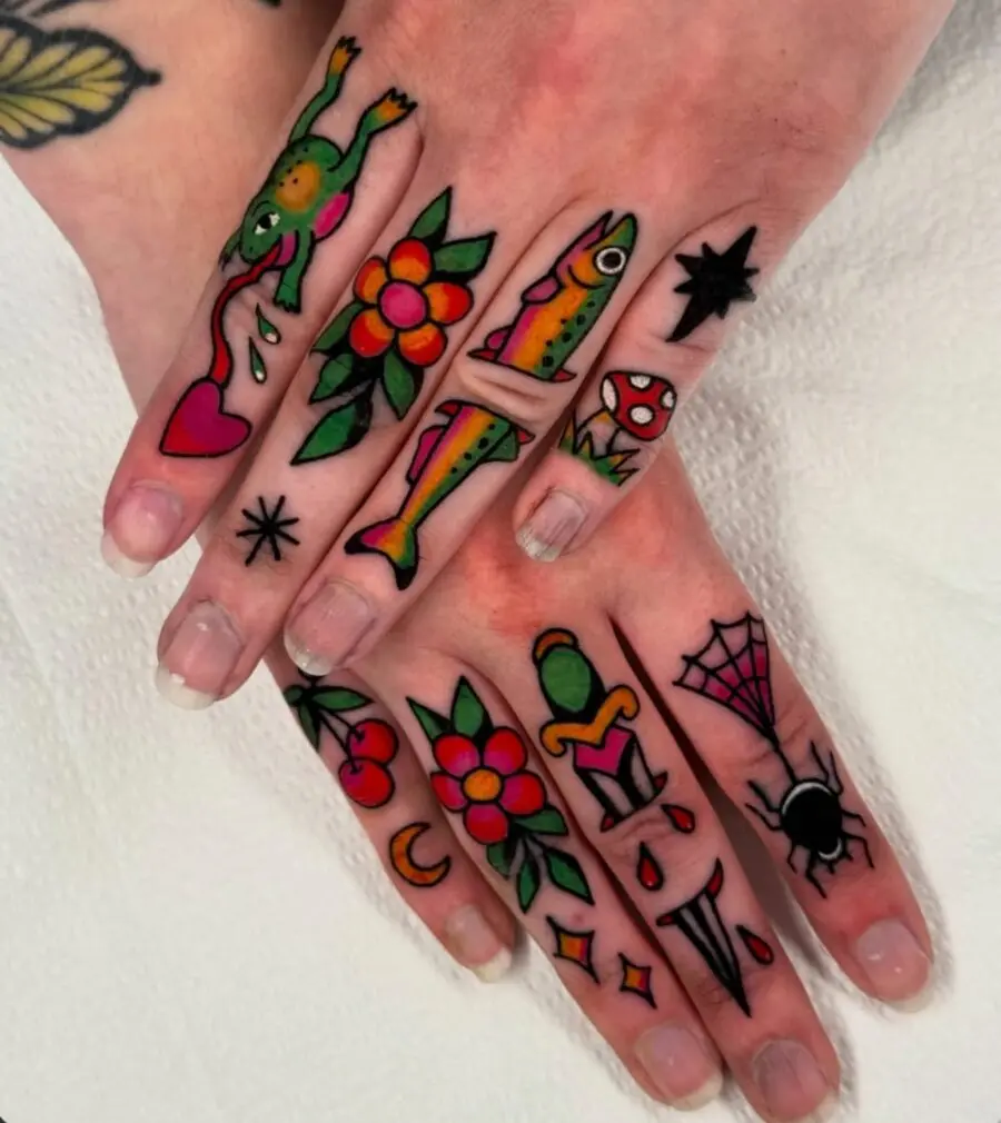 Vibrant Americana tattoos on colorful hands