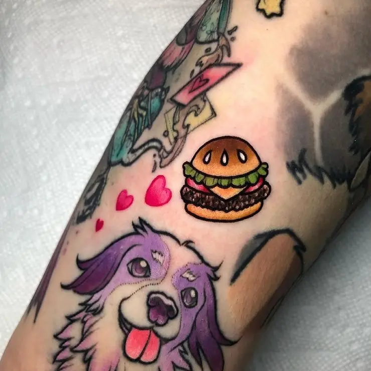 Cute burger tattoo with vibrant cartoon style
