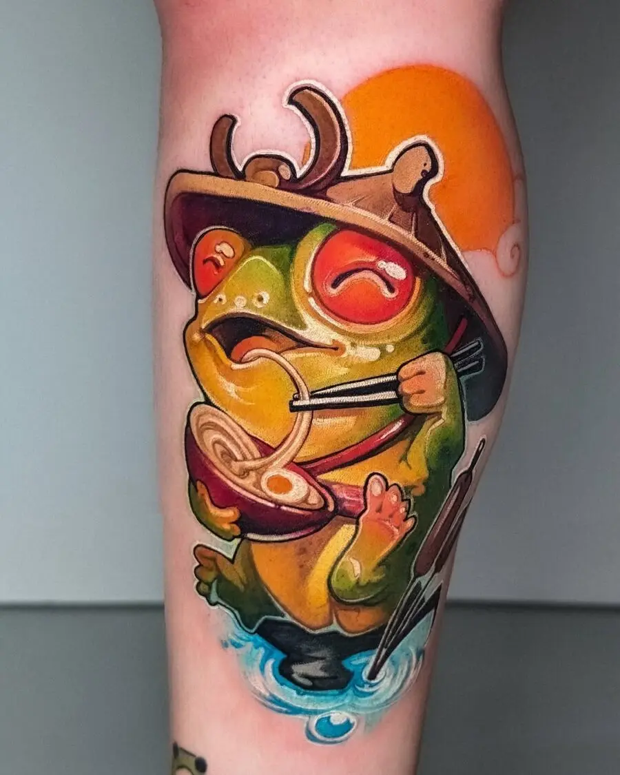Playful frog enjoying a delicious bowl of ramen