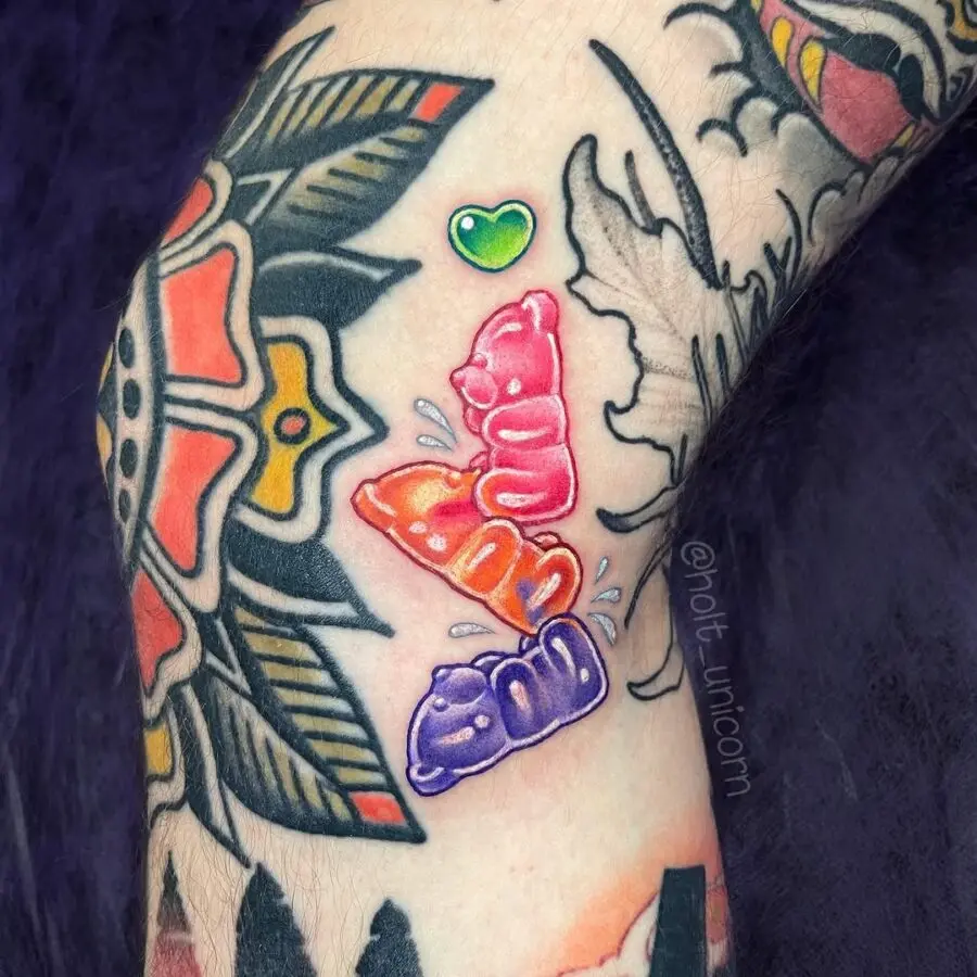 Playful gummy bear tattoos with vibrant colors