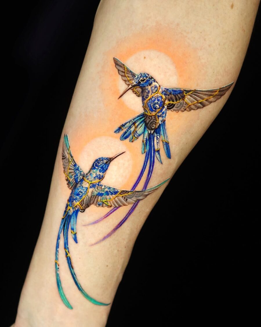 Stunning vibrant hummingbirds in dynamic flight