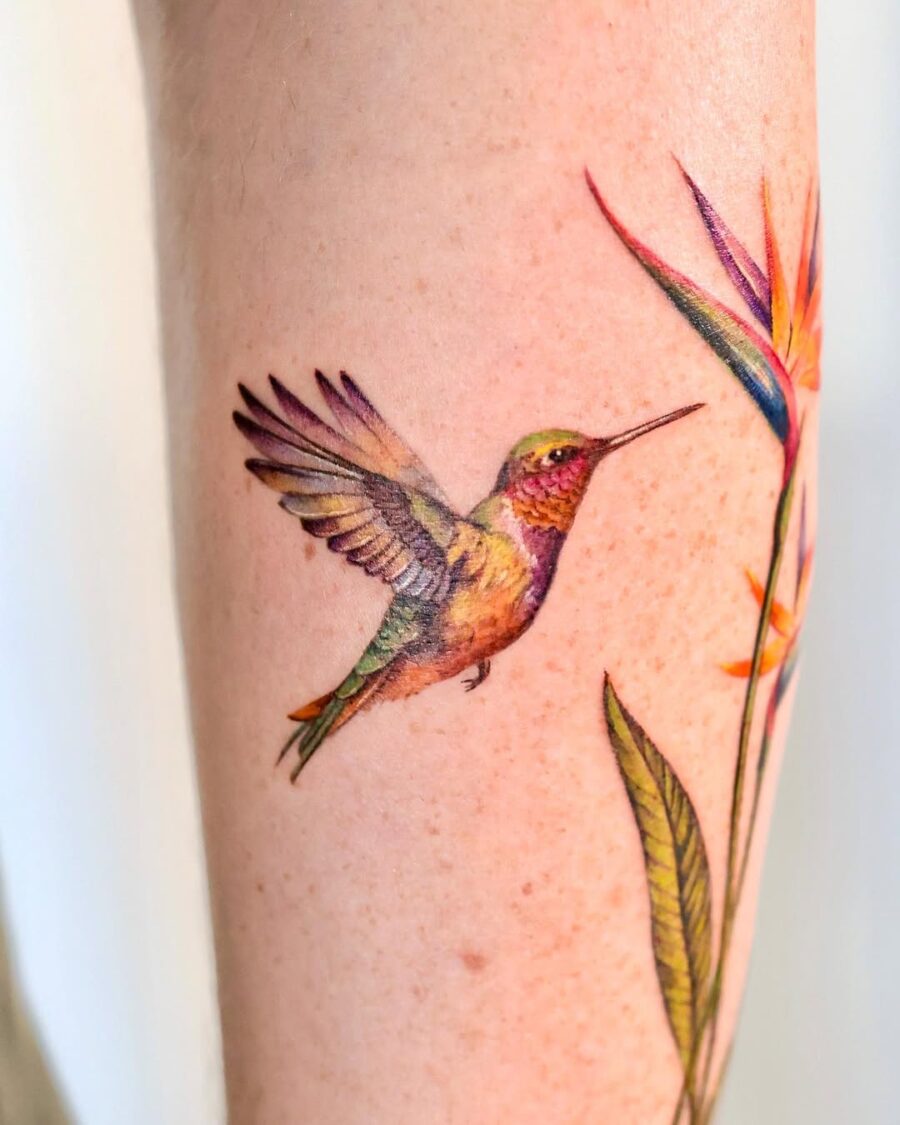 Stunning colorful hummingbird with floral accents