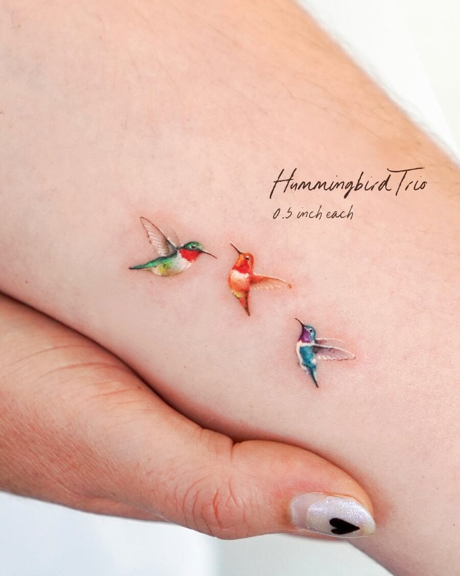 Charming Trio of Colorful Hummingbird Tattoos