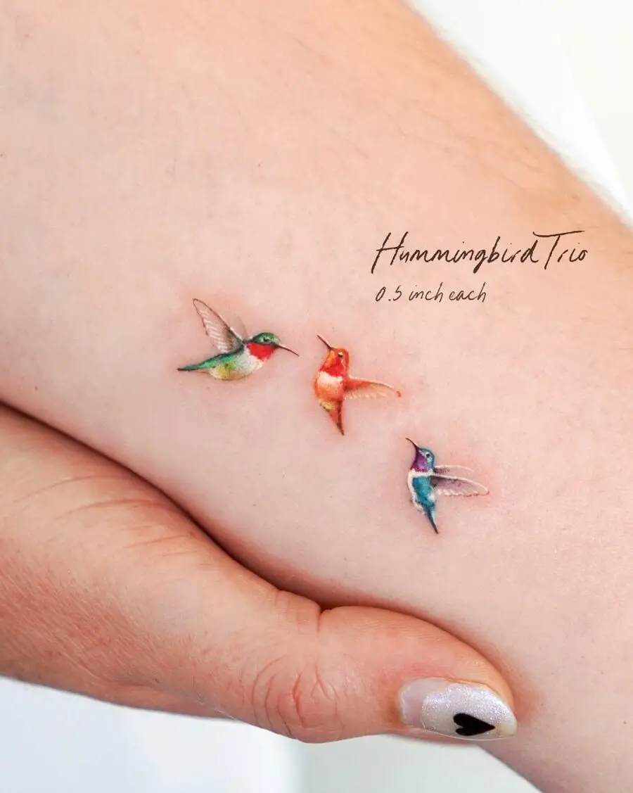 Charming Trio of Colorful Hummingbird Tattoos