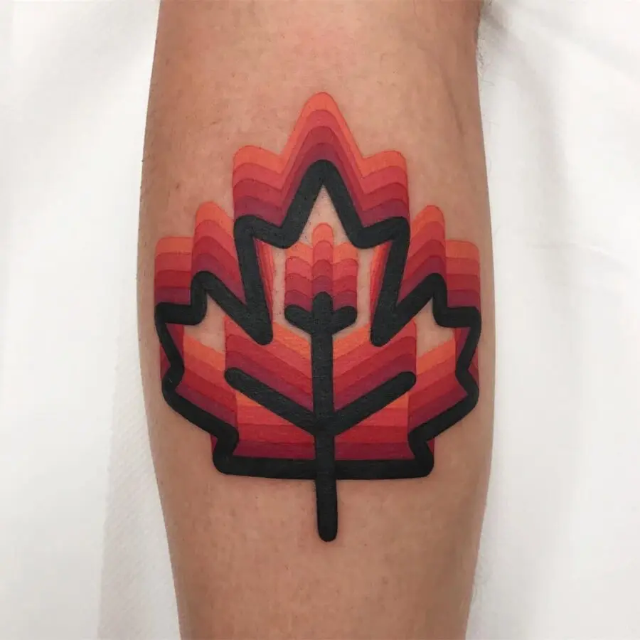 Vibrant geometric leaf tattoo with colored layers