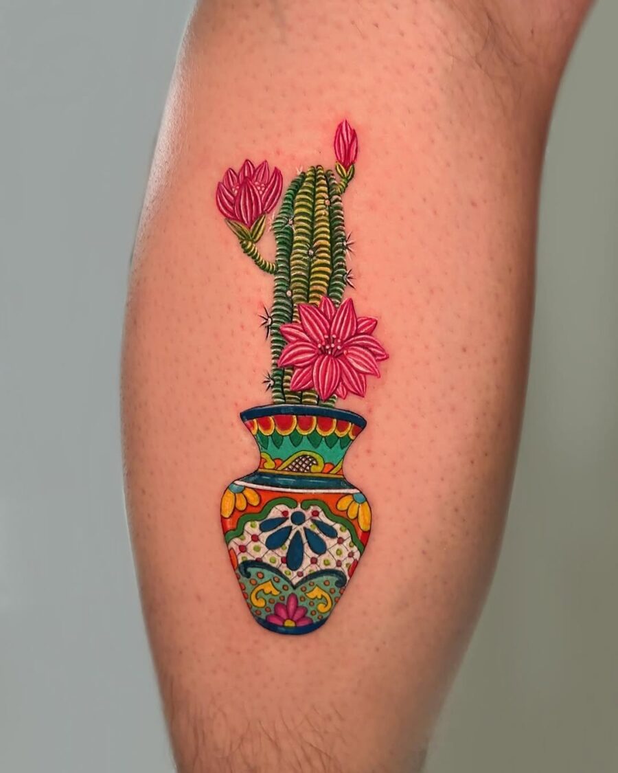 Vibrant Mexico-inspired cactus flower tattoo design