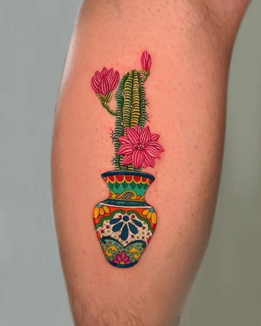 Vibrant Mexico-inspired cactus flower tattoo design