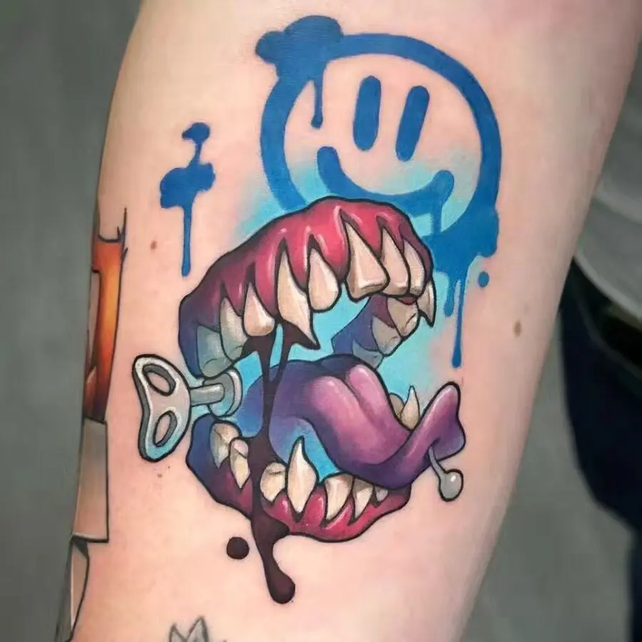 Bold graphic tattoo with playful cartoon elements